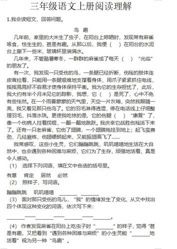 三年级语文阅读理解专项训练20篇缩略图